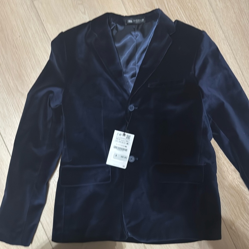 Boys Zara navy velvet blazer suit coat new 13-14